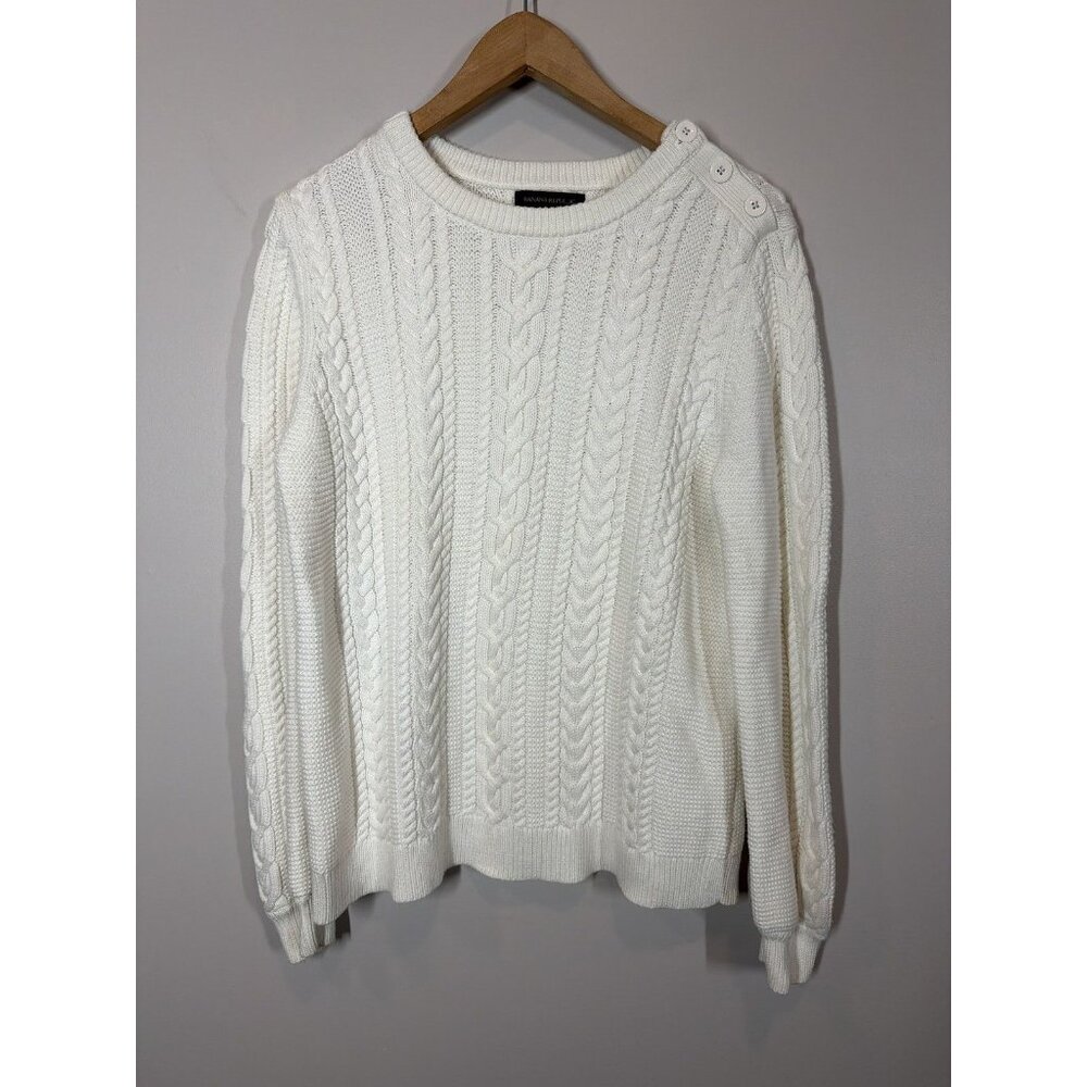 Banana Republic White Cable Knit Sweater Size L Button Shoulder Classic Cozy